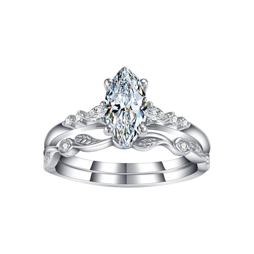 LieYovanaRing Marquise Cut Engagement Ring Set for Women, 925 Sterling Silver Leaf Moissanite Bridal Ring Sets, Marquise-Cut Moissanite Promise Wedding Band Jewelry Gift for Women Her Size 4-12
