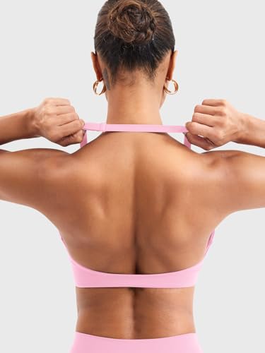Image of YEOREO Halter Sports Bras for Women Low Impact Removable Padded Adjustable Deep V Bra Seamless Workout Gym Crop Tops