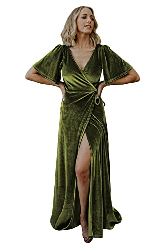 Women's Velvet Prom Dress with Sleeves Slit V Neck Formal Maxi Dresses Long for Women WD064