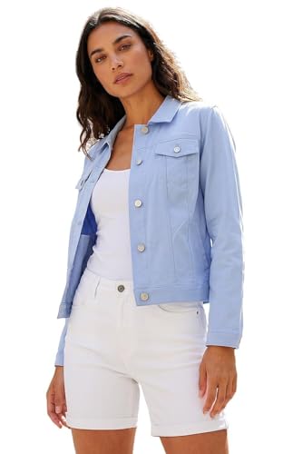 Image of Roman Originals Stretch Jacket for Women UK - Ladies Denim Jean Summer Coat Bengaline Casual Smart Utility Trucker Biker Fitted Classic Work Spring Soft Vintage - Light Blue - Size 12