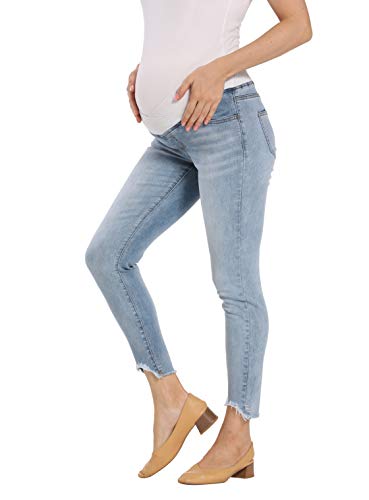 V VOCNI Jean skinny pour femme - Soutien du ventre - Élastique et confortable - Pour la grossesse - Bleu - Small Cover