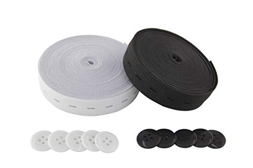 Flat Sewing Band Spool with Buttonholes, Elastic Stretchable, Ideal for DIY Waistbands and Necklines (Black & White, 3/4