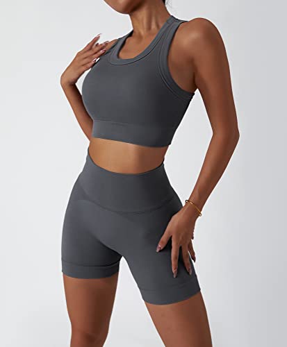 Image of Workout Sets for Women 2 Piece Seamless Ribbed Tank Top Sport Bra High Waist Biker Shorts GYM Yoga Exercise Outfits