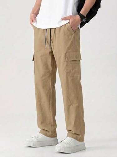 Image of Cargo for Men | Cotton Cargo Pant | Lower for man | Elastic Drawstring Waist Straight Fit Bottoms | Comfortable Breathable Cargos for Casual, Office Wear