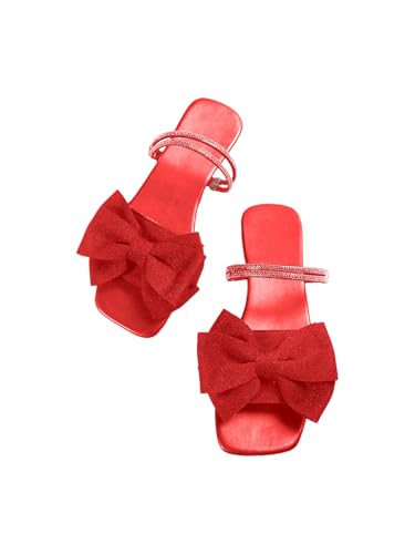 Image of GORGLITTER Women's Bow Flat Sandals Dressy Rhinestone Comfortable Sandals | Cute Slip On Slides, Strappy Flats, Square Toe, Sparkly Dressy Party Wedding Sandals for Bride