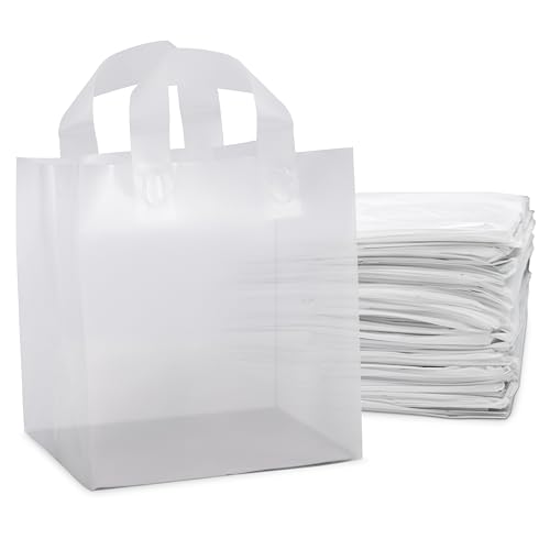 Prime Line Packaging White Plastic Bags with Handles, Small Frosted Bags for Boutique, Shopping, Business, Retail, Takeout Use, Bulk, 9x8x10, 100 Pack
