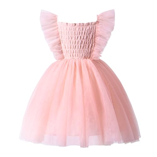 Tutu.kk Toddler Girl Tulle Dress Ruffled Sleeve Girls Smocked Dresses for Birthday Party, Wedding