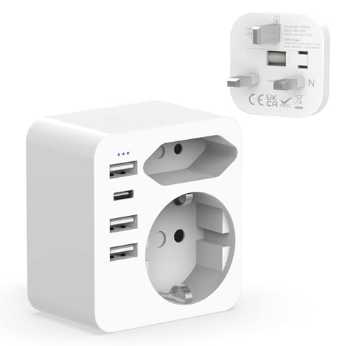 Hoppac Adaptador Enchufe UK,6 in 1 con 3 USB y 1USB C 3.4A,Adaptador Enchufe Reino Unido con Enchufe Europeo y Schuko,Adaptador Tipo G para Irlanda, Inglaterra,DubáI