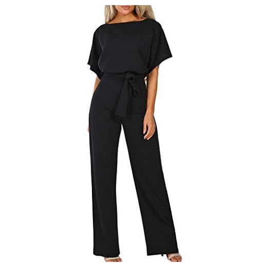 Walant Femmes Combinaison Manches Courtes Col Rond Couleur Unie Barboteuse Jumpsuit D'été Chic Élégant Slim Pantalon Loose Casual Combishort avec Ceinture, Noir 1, S