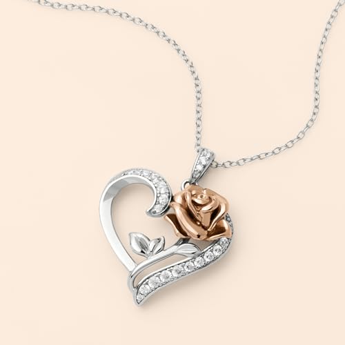 Disney Women's Sterling Silver Necklace Collection – Featuring Princess Tiara, Beauty and the Beast Rose, and 3D Tinkerbell Pendants, Officially Licensed3