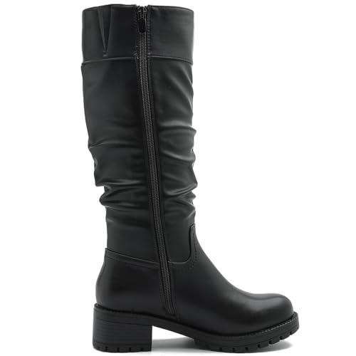 GLOBALWIN Women's Black Knee-High Boots: Fashion Dressy Riding Boots - Chunky Low Heel, Slouchy Design, Buckle Detail, All-Season, Comfortable 2-Inch Heels2