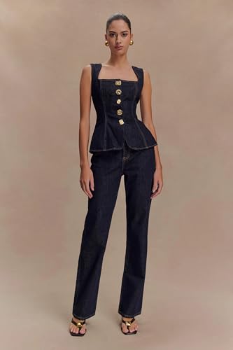 Mandonce Two Piece Denim Set Button Down Denim Vest and Straight Leg Jeans Business Casual Outfits Pants Suit Dressy Casual2