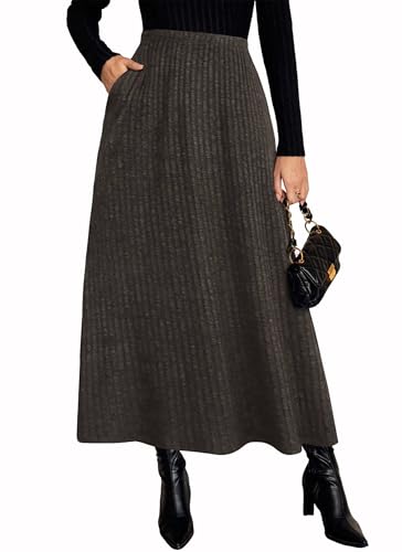 Herou Women Maxi Skirts Ribbed Solid Sweater Winter Skirt Elastic Waist Elegant Warm Long Skirts with Pocket for Women Fall