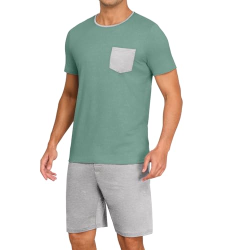 Image of PrinStory Mens Summer Pajamas Set Lightweight Pjs Sets Short Sleeve Pajama Shorts Set Soft Sleepwear Loungewear with Pockets