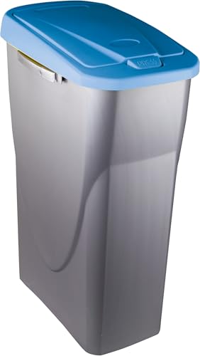 M home by Mazzei Mondex - Cubo de basura de clasificación selectiva de 25 L de plástico, apertura fácil empuje, recipiente gris plateado con tapa de color azul, ideal para cocina, despensa, fabricado