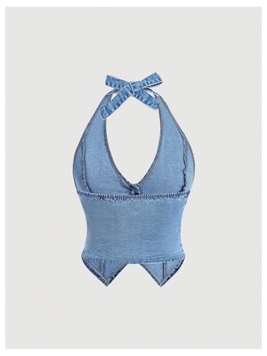 Floerns Women's Halter Denim Tank Top Button Down Backless Party Cropped Jean Tops2