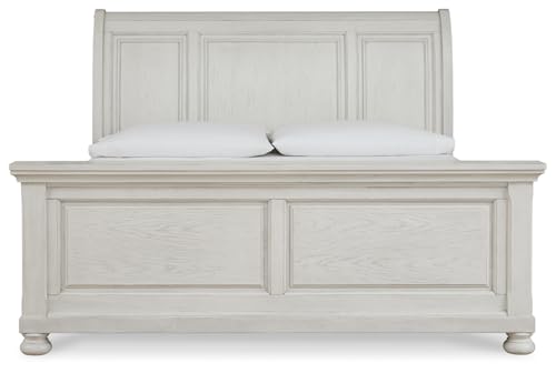 Image of Signature Design by Ashley Robbinsdale Queen Sleigh Bed, Antique White | Select oak veneer and solid wood components, Grain texture, Traditional sleigh queen bed, Requires box spring