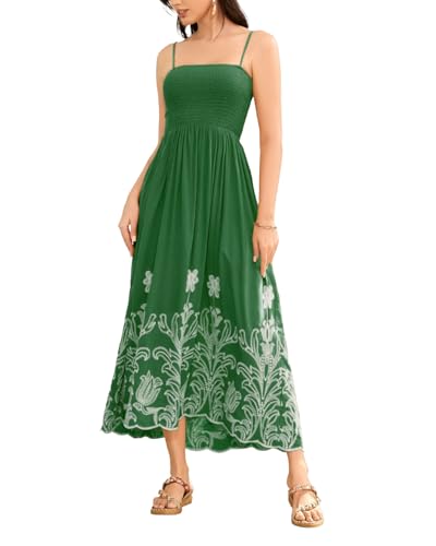 Image of Bsubseach Spaghetti Strap Maxi Dress Women Smocked Midi Dresses Flower Embroidered Summer Sundress Boho Beach Vacation