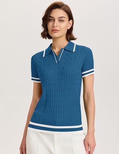 Image of Micoson Womens Short Sleeve Sweater Tops Lapel V Neck Polo Shirts 2026 Summer Cable Knit Loose Blouse Business Casual Outfits