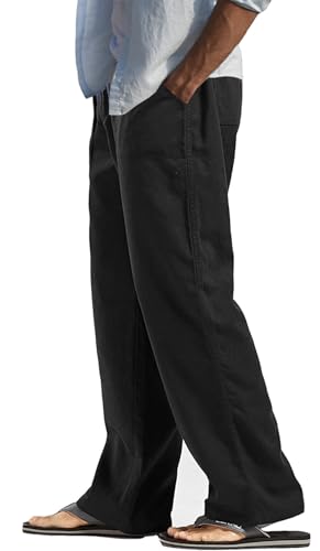 perdontoo Mens Casual Cotton Linen Pants Elastic Waist Drawstring Straight Summer Beach Pants2