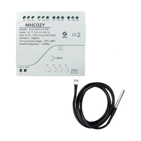 MHCOZY Zigbee Temperature Monitor Controller,4 Channel 12V Tuya app Remote Dry Contact Smart Relay Switch with Waterproof Temperature Sensor Probe(Tuya Zigbee hub needed) Cover