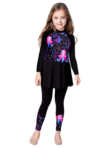 renvena Kids Girls Two Pieces Rash Guard Sets UV UPF50+ Long Sleeve Dress with Leggings Surf Swimsuits