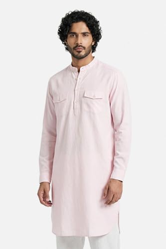 Image of SNITCH Men Casual Kurta Shirt | Regular Fit Full Sleeve Mandarin Collar Solid Pattern | Premium Cotton Linen Blend & Breathable Fabric for Festive Season & Holiday Wear
