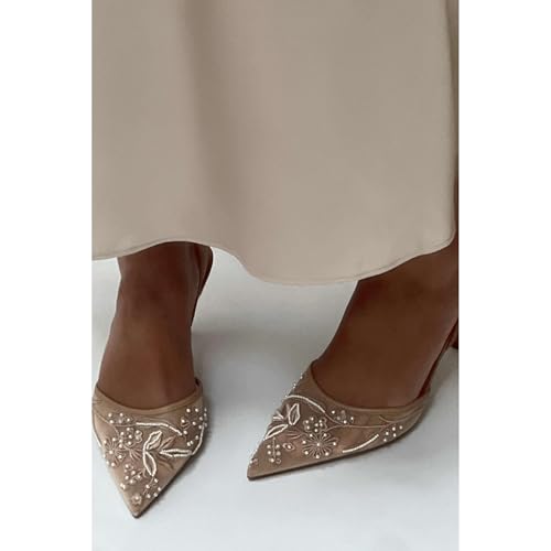 Kluolandi Women's Embroidered Slingback Kitten Heels with Pearls Breathable Mesh Pointed Toe Pumps Low Heel Slip On Dress Shoes2