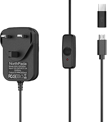 Price comparison product image NorthPada Raspberry Pi 4 Model B Pi 400 Power Supply Charger AC Adapter Cord 5V 3A PSU USB C 5 Feet with Power On / Off Switch with a Micro USB Adapter for Raspberry Pi 3 Model B B+ A+ Plus