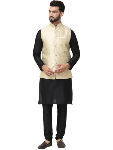 Sojanya (Since 1958 Men's Silk Blend Black Kurta Pyjama & Beige Self Design Nehru Jacket Combo