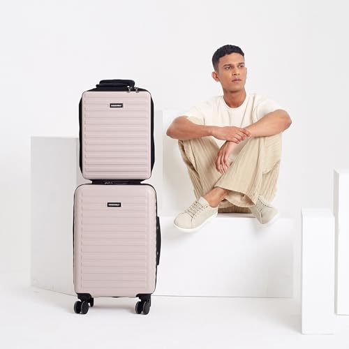 Image of Assembly Cabin Suitcase Small & Hard Shell Laptop Bag with Flat-Lay Opening, 8 Spinner Wheels, Premium Polycarbonate Hard Shell Carry On Luggage Combo for Business Travel, Ivory