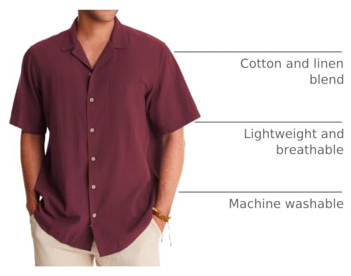 Image of Alimens & Gentle Mens Linen Shirts Cotton Hawaiian Shirts Short Sleeve Button Down Shirts Casual Summer Beach Tops