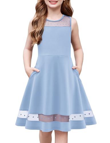 Arshiner Vestido para Niñas Verano Malla con Cuello Redondo Fiesta de Corte A Vestido de CumpleAños Azul Vestidos Escolares con Bolsillos 11-12 Años