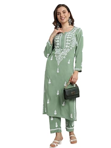 Image of BHARVITA Women's Cotton Blend Lucknowi Embroidered Chikankari Straight Kurta, with Pant Set