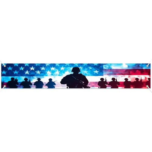 Image of BlissYard Patriotic Banner 118 x 20 inch Veterans Day American Independence Day Decorations Patriotic Banner for Outside American Flag Banner Memorial Day Veterans Day Outdoor Decorations for Yard Fence Porch