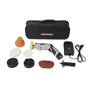 Dino KRAFTPAKET 640256 10,8 V accu polijstmachine multiplex 75 mm schijf 600-3.000 omw/min met draaibare behuizing voor staaf- of pistoolvorm. Complete set met pads polijstschijf snellader, tas, grijs