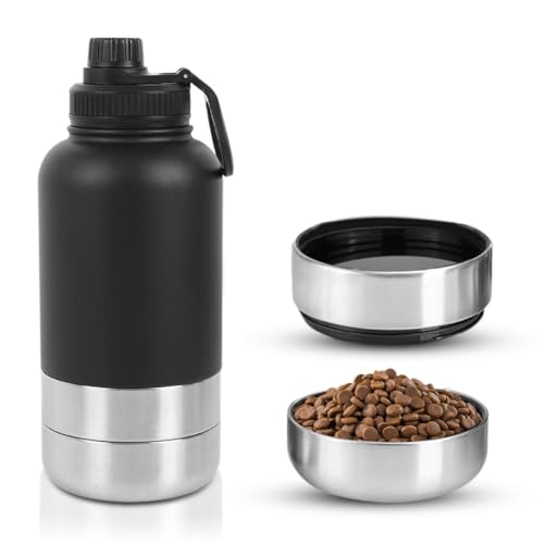 botella para viajes de perro, 4 en 1 para perros con cuenco de agua y comedero, botella de acero inoxidable aislada sin BPA, accesorio para mascotas