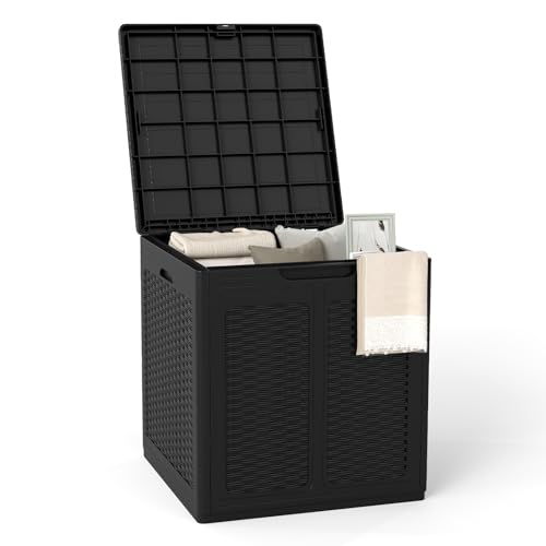 COSTWAY Gartenbox 145 L, Auflagenbox mit abschließbarem Deckel & Rattanoptik, wetterfeste Aufbewahrungsbox Kissenbox für Poolzubehör, Gartengeräte, Paketzustellung, Terrassenkissen (Schwarz)
