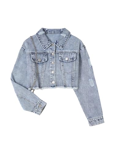 Girl's Y2k Ripped Denim Jacket Raw Hem Crop Jean Jacket Long Sleeve Button Down Denim Jean Coat Outerwear