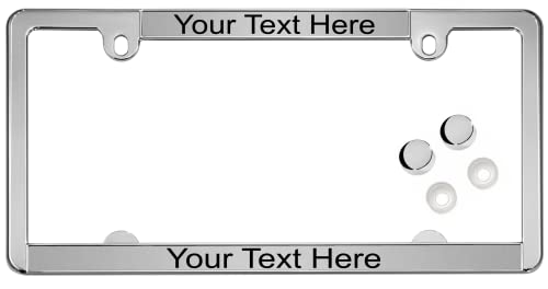 All-States | Slimline 2 Hole Chrome Metal Personalized With Custom Text Design Laser Engraved Standard Size (6”X12”) - Car/Automobile License Plate Frame With Free Caps - Silver/Black (Qty: 1 Frame) #TOP11