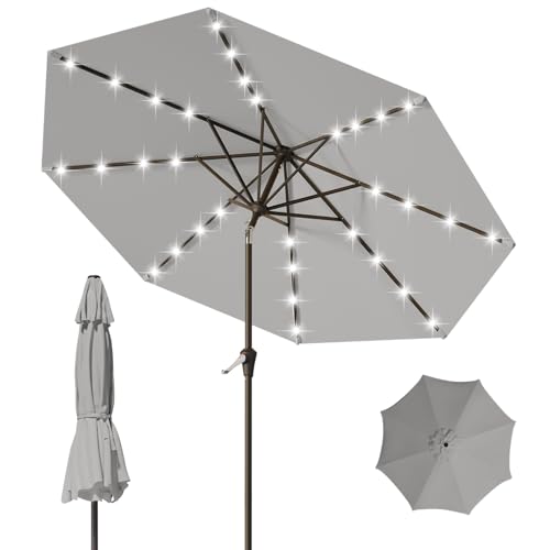 Image of 9FT Patio Umbrella with Solar Lights,Outdoor Market Umbrella with Tilt and Crank, LED Lighted Table Umbrella for Garden,Deck,Backyard,Pool,Beach (Light Gray)