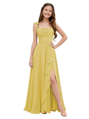 Gnleyane A-Line Junior Bridesmaid Dresses for Girls Chiffon Ruffles Flower Girl Dress with Bow Straps Yellow Size 6