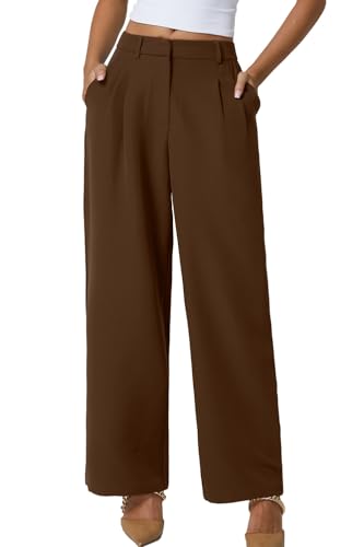 QINSEN Wide Leg Dress Pants for Women High Waisted Wrinkle Free Work Pants with Pockets Casual Slack Brown L (28.5' Inseam)