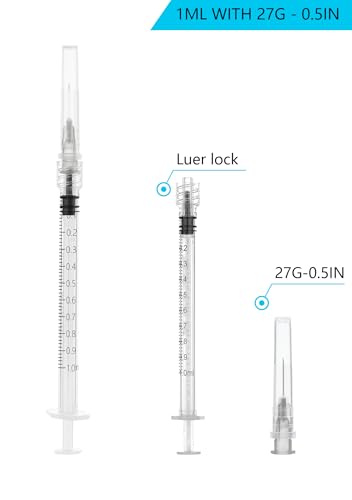 1ml Syringes with 27G 1/2 inch Needle , 1cc Luer Lock Disposable Syringes for Scientific Labs and Industrial Dispensing,Individually Wrapped, 20 Pack