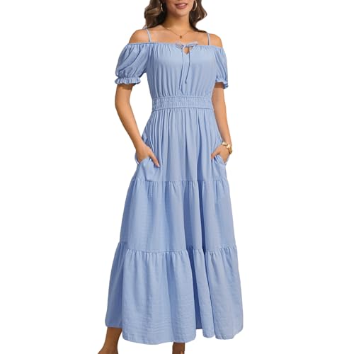 Womens Maxi Summer Casual Dresses Off The Shoulder Sundress Puff Sleeve Beach Long Sun Dress(Z3912BU,M)