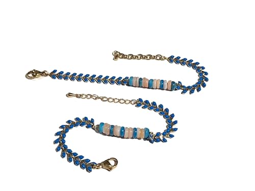 2 bracelets duo perles heishi et chaine rose pastel bleu réglables pour mère fille
