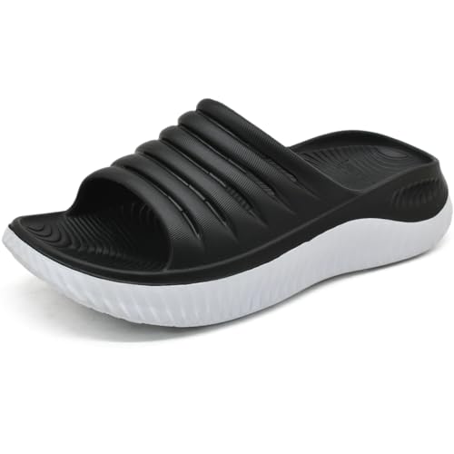 Image of KuaiLu Womens Recovery Sandals Comfy Plantar Fasciitis Arch Support Ladies Orthopedic Open Toe Running Sports Walking Slides Thick Athletic Cushioning Slippers Summer Sliders Black Size 7