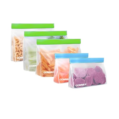 COMMLY 5 Pack Reusable Stand Up Design Food Freezer Bags, BPA Free Leakproof Silicone and Plastic Free Food Multi Use Storage Bags for Meal Prep, Fruits, Sandwich, Snack, Travel Items