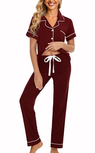 Image of WJing Yi Jia Womens Soft Pajamas Set XS-XXL Button Down Sleepwear Short Sleeves Pajama sets with Long Pants Pj Set Nightwear
