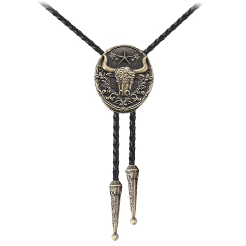 Image of Joxevyia Bolo Tie for Men Vintage Cow Skull Leather Rope Western Cowboy Necktie Vintage Bola Tie Gift for Him